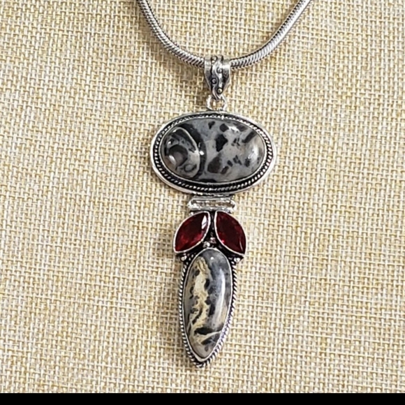 Garnet necklace, jasper necklace, 925 silver jasper garnet pendant necklace - Picture 3 of 13